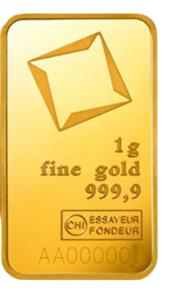 Ein Goldbarren mit der Aufschrift 1 g fine gold 999,9 und dem Stempel CHI Essayeur Fondeur sowie der Prägenummer AA00000