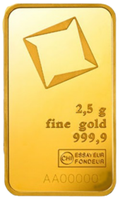 Ein Goldbarren mit der Aufschrift 2,5 g fine gold 999,9 und dem Stempel CHI Essayeur Fondeur sowie der Prägenummer AA00000