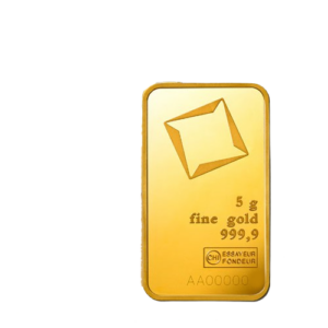 Ein Goldbarren mit der Aufschrift 5 g fine gold 999,9 und dem Stempel CHI Essayeur Fondeur sowie der Prägenummer AA00000
