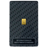 Ein verschweißter Blister mit einem Goldbaren der Größe 1 Gramm. Der Blister trägt die fortlaufende Aufschrift EDELMETALL und unten die Aufschrift INTERNATIONALER INVESTMENTSTANDARD