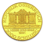 Eine Goldmünze mit der rundlaufenden Aufschrift WIENER PHILHARMONIKER 2000 Schilling und Orgel des Wiener Musikvereins, die Aufschrift 1 UNZE GOLD 999,9, 1991