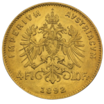 Österreichische Goldmünze von 1892 mit Reichsadler und der Aufschrift "4 Fl. 10 Franken"