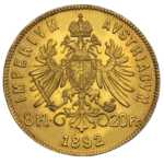 Österreichische Goldmünze von 1892 mit Reichsadler und der Aufschrift "8 Fl. 20 Franken"