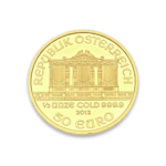 Eine Goldmünze mit der rundlaufenden Aufschrift WIENER PHILHARMONIKER und der Orgel des Wiener Musikvereins, sowie mit der Aufschrift 1/2 UNZE GOLD 999,9, 2012 50 Euro