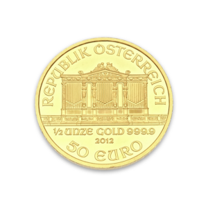 Eine Goldmünze mit der rundlaufenden Aufschrift WIENER PHILHARMONIKER und der Orgel des Wiener Musikvereins, sowie mit der Aufschrift 1/2 UNZE GOLD 999,9, 2012 50 Euro