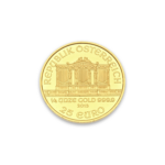 Eine Goldmünze mit der rundlaufenden Aufschrift WIENER PHILHARMONIKER und der Orgel des Wiener Musikvereins, sowie mit der Aufschrift 1/4 UNZE GOLD 999,9, 2013 25 Euro