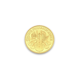 Eine Goldmünze mit der rundlaufenden Aufschrift WIENER PHILHARMONIKER und den Musikinstrumenten Cello, zwei Geigen und zwei Bratschen, Harfe, Fagott und Horn