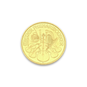 Eine Goldmünze mit der rundlaufenden Aufschrift WIENER PHILHARMONIKER und den Musikinstrumenten Cello, zwei Geigen und zwei Bratschen, Harfe, Fagott und Horn