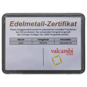 Edelmetall-Zertifikat von valcambi suisse